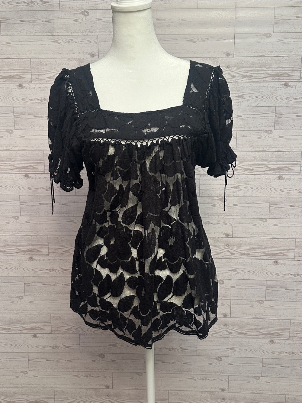 Trulli Black Lace Babydoll Blouse Floral Lace Square Neck Boho M